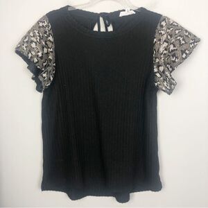 THML | Animal Print Leopard Sequin Flutter Sleeve Black Top Women’s Size Medium